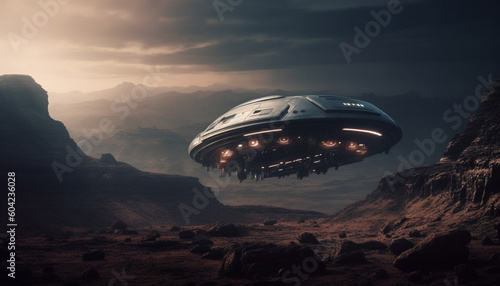 Futuristic spaceship flies over majestic mountain range in alien landscape generated by AI