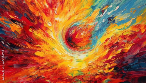 Vibrant acrylic painting blends fantasy and nature in abstract chaos generated by AI