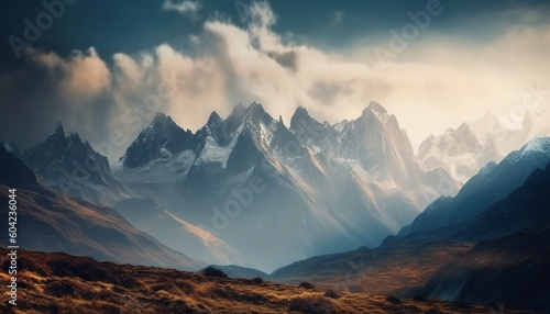 Majestic mountain range, tranquil meadow, and serene sunset beauty generated by AI © Stockgiu