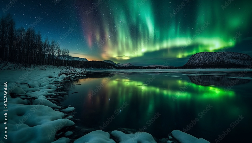 Tranquil scene illuminated by majestic aurora polaris in Alberta winter landscape generated by AI
