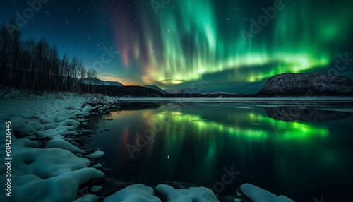 Tranquil scene illuminated by majestic aurora polaris in Alberta winter landscape generated by AI