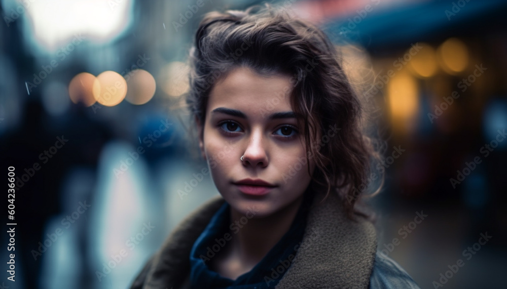 One young woman, confident and smiling, looking at camera outdoors generated by AI One young woman, confident and smiling, looking at camera outdoors generated by AI