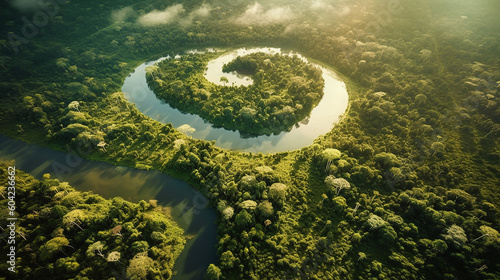 Aerial view of the jungle landscape with river.  photo
