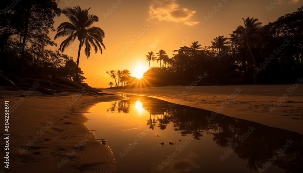 Golden horizon over tranquil waters, palm trees silhouetted in twilight generated by AI