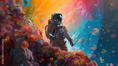 Beautiful painting of an astronaut in a colorful background. 