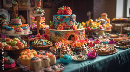 Generative AI image of a table full of cakes and pastries