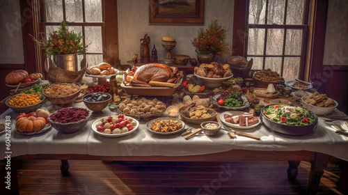 Generative Ai image of a table full of Thanksgiving day food 