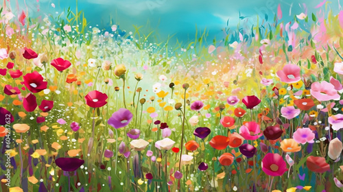 Colorful abstract flower meadow as panorama background.