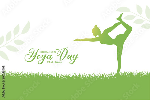 international yoga day background with women doing exercise on grass