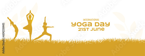 world yoga day celebration banner with women doing exercise on grass