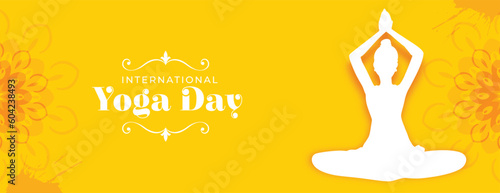 paper style international yoga day yellow poster for promoting health and relaxation