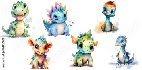 cute baby dinosaurs in watercolors, generated ai