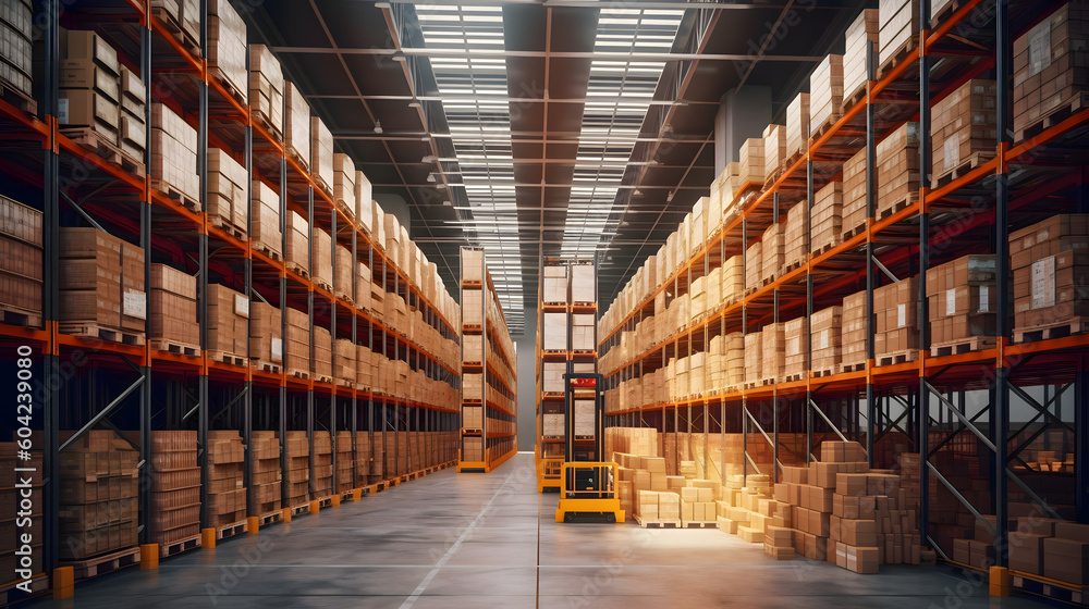 Huge distribution warehouse with high shelves, business office buildings concept, Generative AI Technology Huge distribution warehouse with high shelves, business office buildings concept, Generative AI Technology