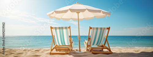 Landscape summer vacation holiday travel ocean sea beach background banner panorama - Wooden sun loungers, lounge chair and parasol on the sand, blue sky and sunshine (Generative Ai) photo