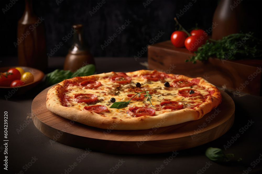 pizza on wooden tray background