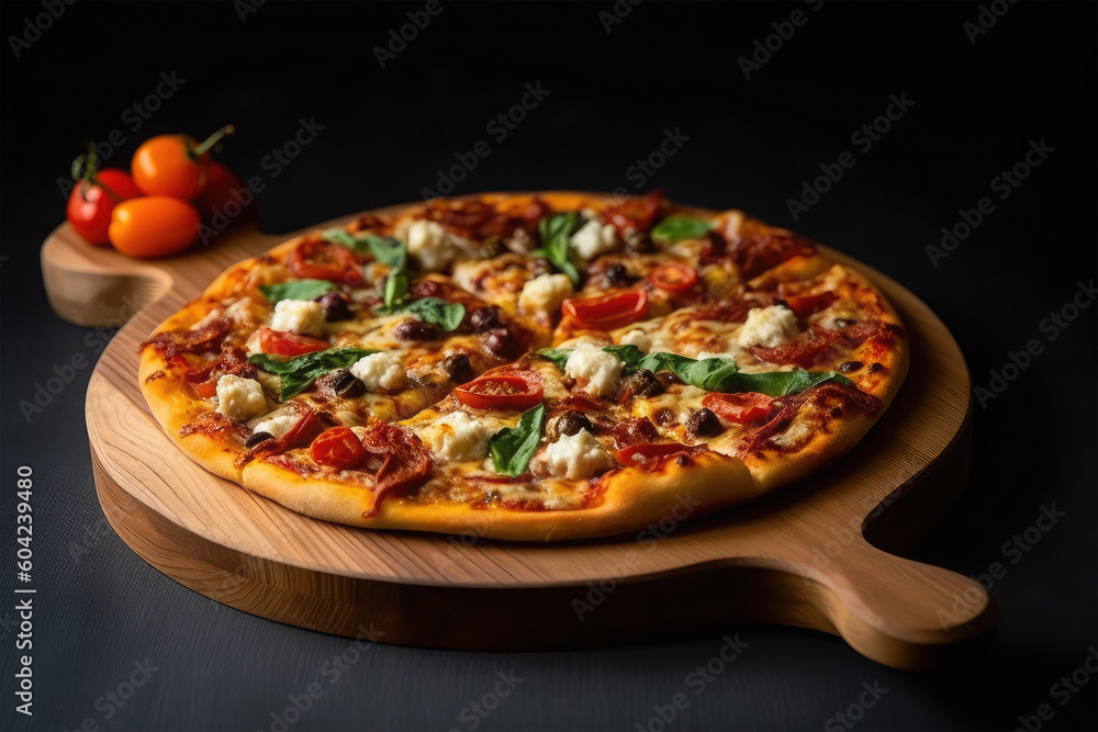 pizza on wooden tray background