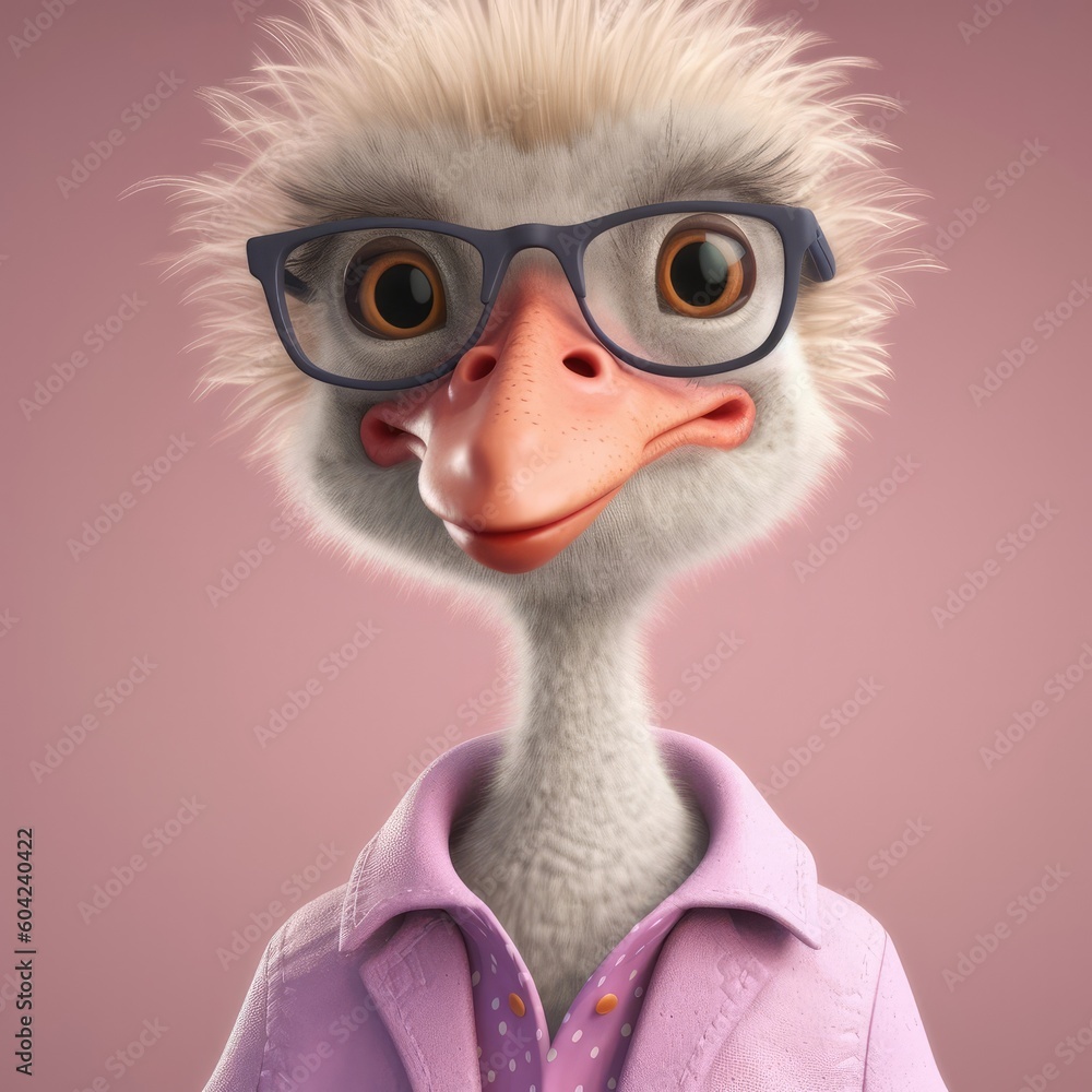 3D cartoon ostrich portrait wearing clothes, standing in front, studio lights, generative ai