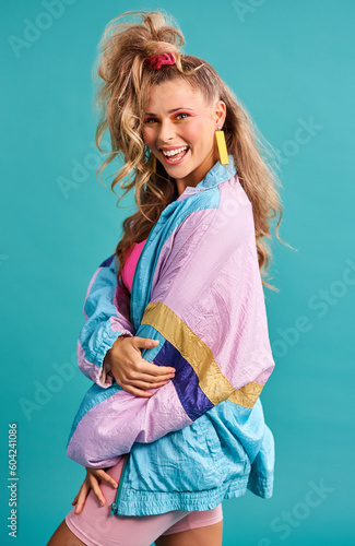 Fotografija 80s fashion, retro style and woman portrait with vintage, neon and happiness in a studio