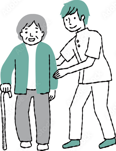 歩行練習をする高齢者と医療従事者