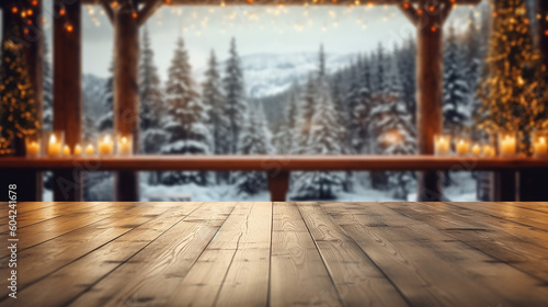 Empty wooden table in front of beautiful snowy christmas tree. Generative AI © Lalaland
