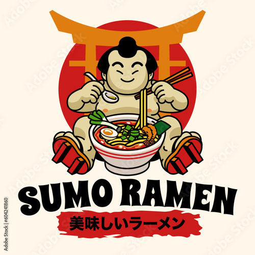 Cute Sumo Mascot Character Eating Ramen Noodle Japanese word means delicious ramen