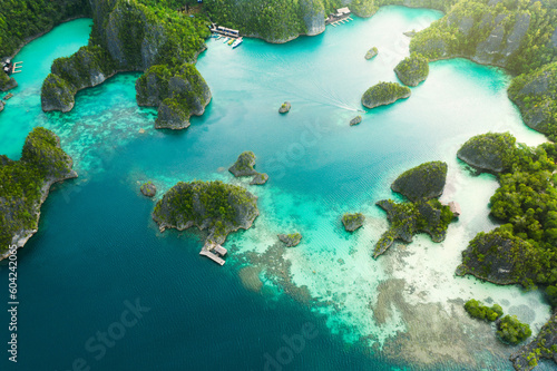 Travel  aerial and ocean on island for holiday  adventure and vacation on Raja Ampat in Indonesia. Nature  seascape and drone view of tropical water for landscape  environment or traveling on islands