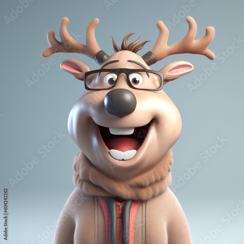 3D cartoon reindeer portrait wearing clothes, standing in front, studio lights, generative ai