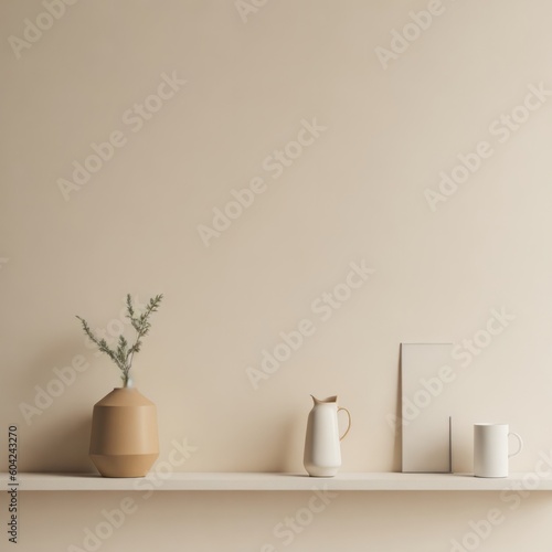 Artistic interior still life. minimal decor concept. Empty beige wall background. Generative Ai