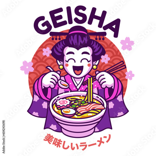Geisha Cute Cartoon Mascot Eating Ramen Noodle with Japanese Text means Delicious Ramen