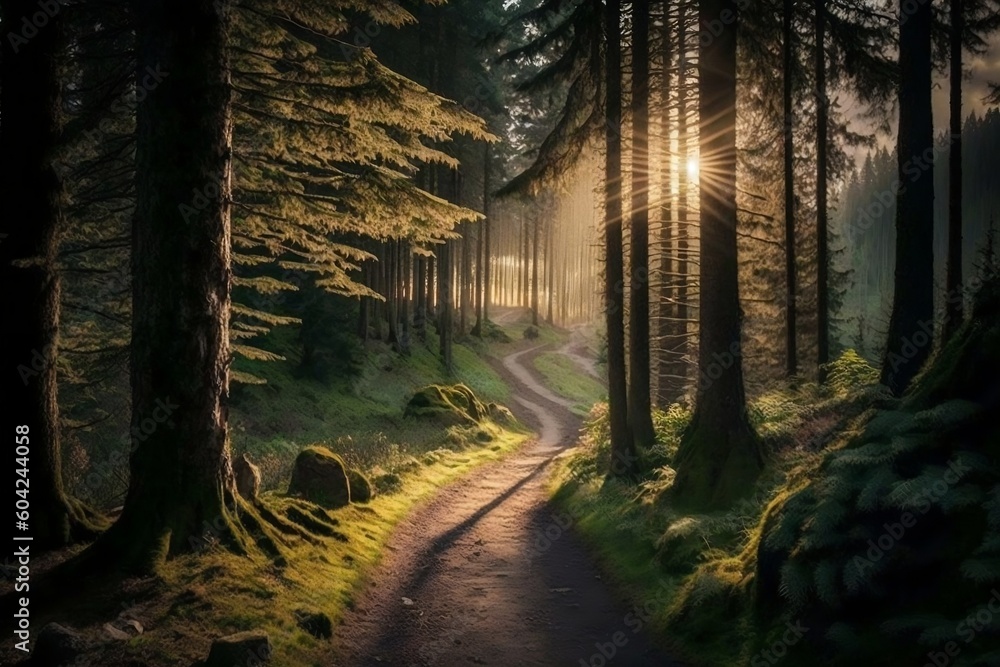 Serene Forest Path with Sun Rays. AI