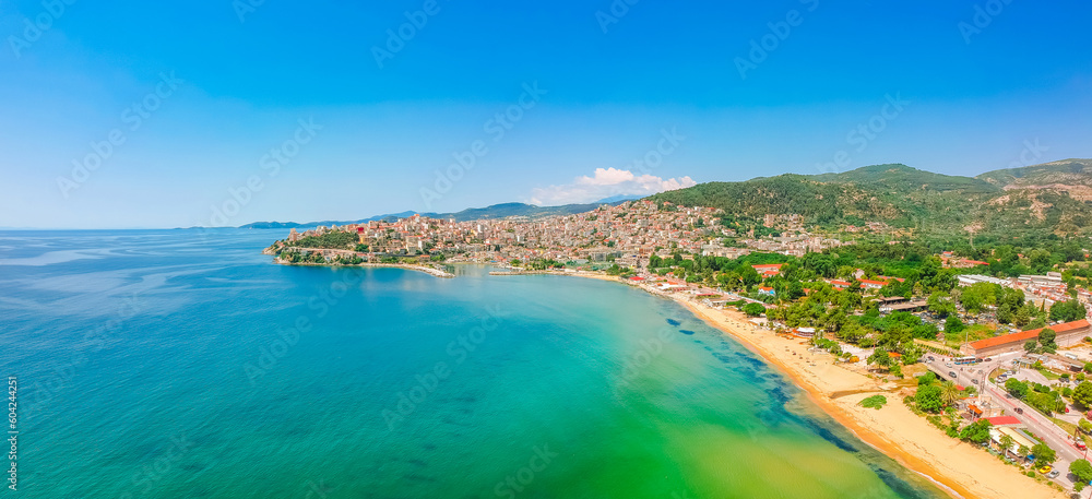 Aerial drone view of beach and sea in Kavala city, Greece, Europe
