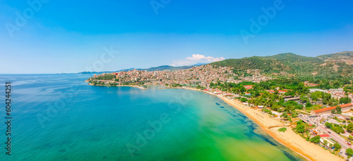 Aerial drone view of beach and sea in Kavala city, Greece, Europe