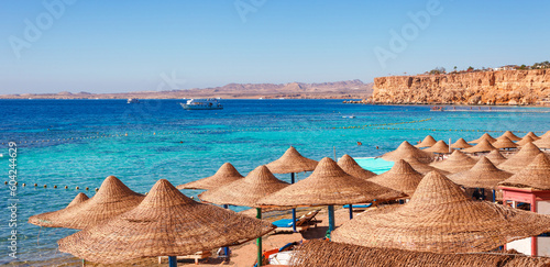 Sunny resort beach on the Red Sea in Sharm el Sheikh, Sinai, Egypt photo