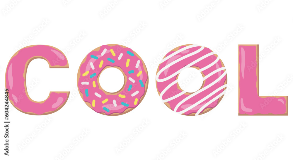 Fototapeta premium Donuts in pink icing and sprinkles in creative text are cool on a white background. Vector image