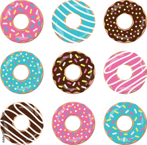 Doughnut set. Donuts in sugar glaze with sprinkles. Vector image
