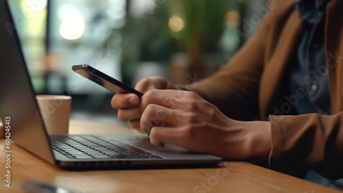 Wallpaper Mural Man working from home using smart phone and notebook computer with Generative AI. Torontodigital.ca