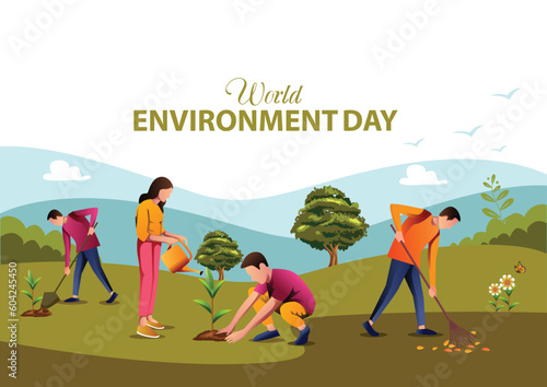 people Planting, Creative design world environment and earth day drawing and painting concept. abstract vector illustration design