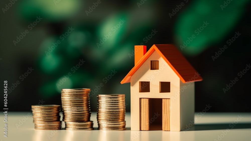 Concept of Investment property. House model and a stack of coins. The concept of inflation with Generative AI.
Concept of Investment property. House model and a stack of coins. The concept of inflation with Generative AI.