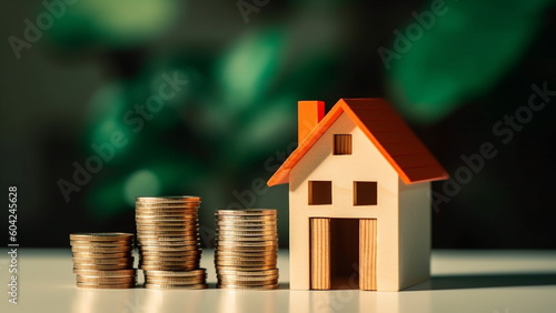 Wallpaper Mural Concept of Investment property. House model and a stack of coins. The concept of inflation with Generative AI.
 Torontodigital.ca