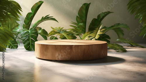 Teak wooden round smooth beautiful grain podium table. Generative AI © Aura