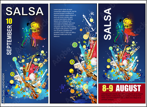 The salsa party poster. The vector background of salsa dance. The salsa sport banner. Advertisement of the salsa dance. The social dance.