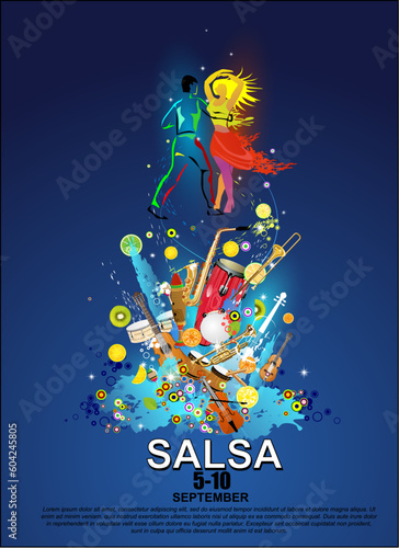 The salsa party poster. The vector background of salsa dance. The salsa sport banner. Advertisement of the salsa dance. The social dance.