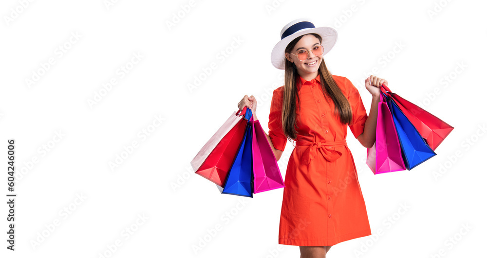 teen shopper girl isolated on white, copy space banner. teen shopper girl in studio. teen shopper girl on background. teen shopper girl with shopping bags