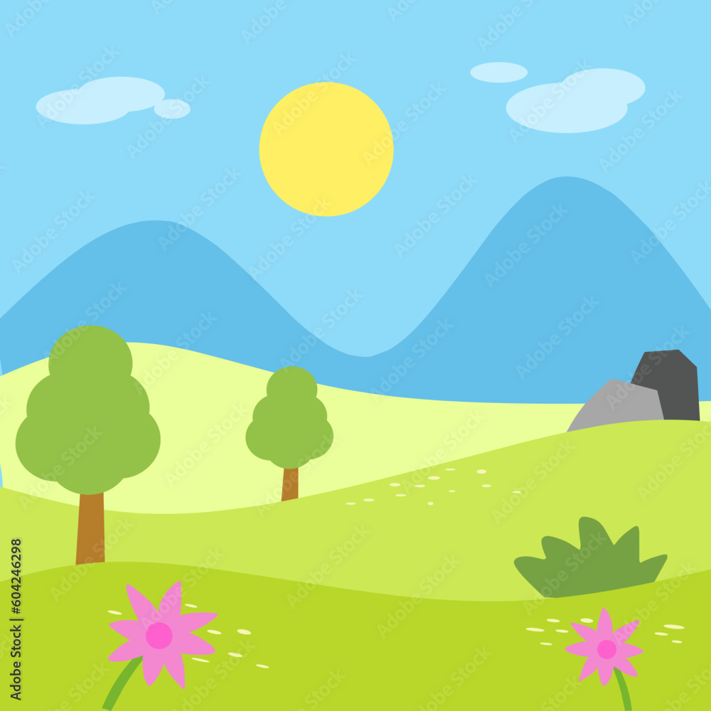 Illustration vector of summer landscape with mountain sun and trees