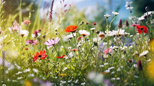 wild flowers on a flower meadow in spring. Generative AI