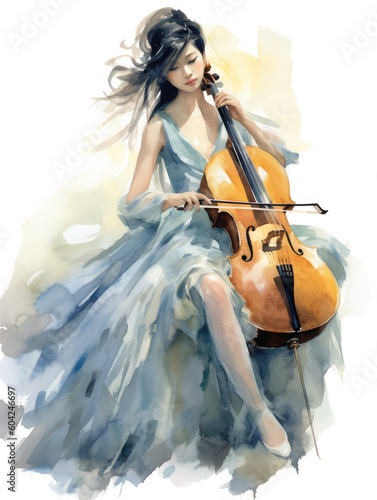 Watercolor of Asian girl playing cello