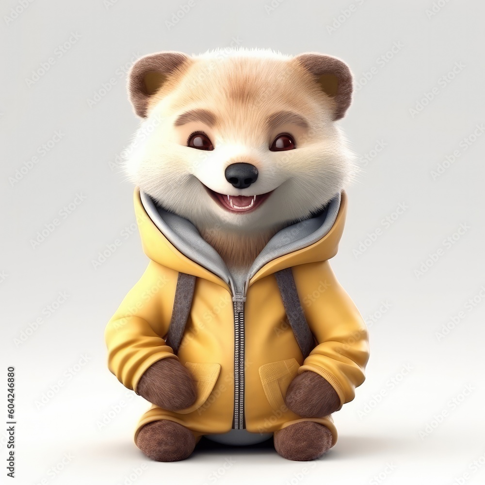 Fototapeta premium 3D cartoon marten portrait wearing clothes, standing in front, studio lights, generative ai