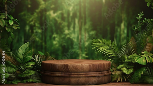 Wooden podium in tropical forest for product presentation. Generative AI
