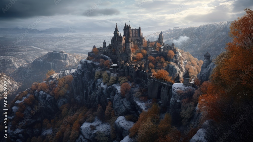 Fantasy Medieval Castle in the Mountains, Concept Art, Digital Illustration, Generative AI
