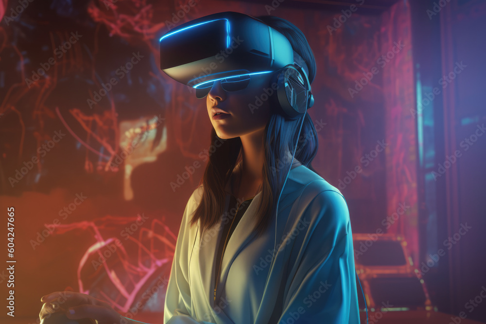 Office worker woman in vr helmet. Female using Virtual reality display in office tasks generative ai. Office worker woman in vr helmet. Female using Virtual reality display in office tasks generative ai.